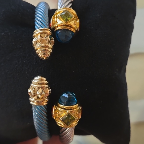 Set - Cuff bracelets Cable Style.  Gold with multiple stones In Blues. Holidays - Picture 3 of 3